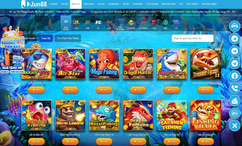 Khám phá các sảnh săn cá online đặc biệt tại Jun88